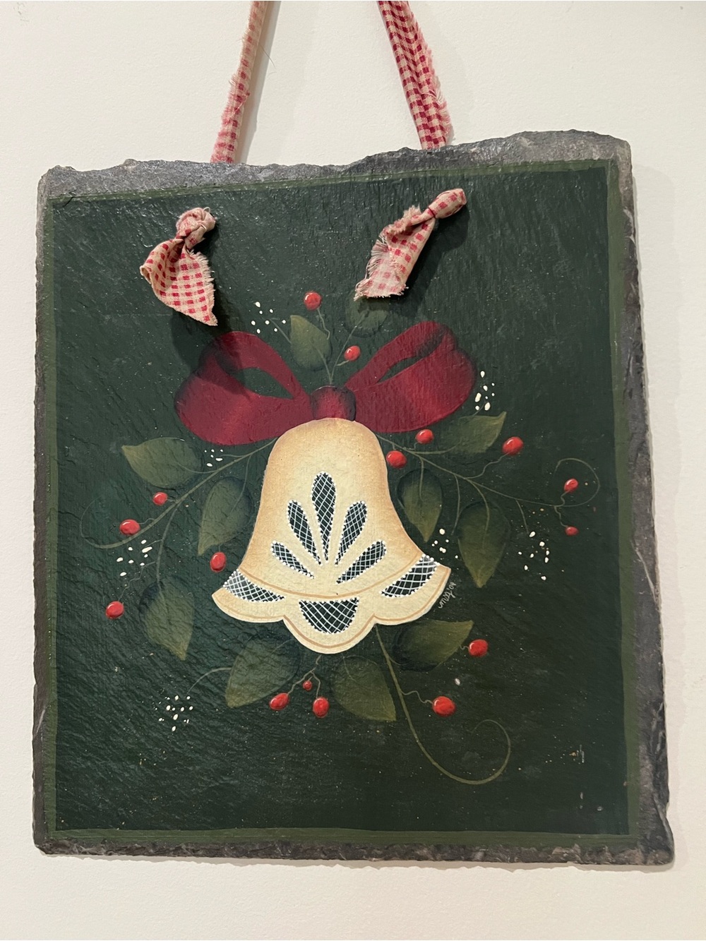 Hand-Painted Bell Wall Slate Plaque in Forest Green with Bow, Red Berries